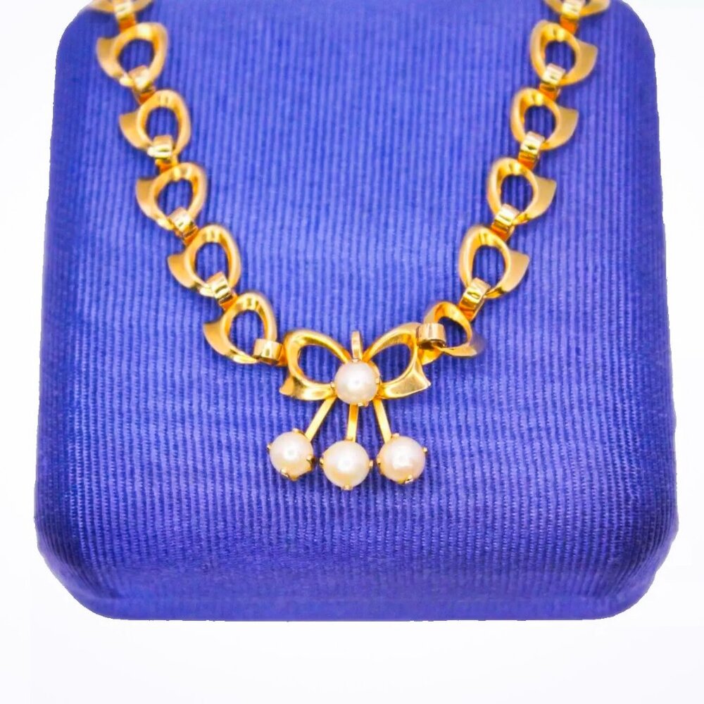 DCE Curtis Signed Vintage 14K Gold Filled Pearl Bow Attached Pendant Necklace
